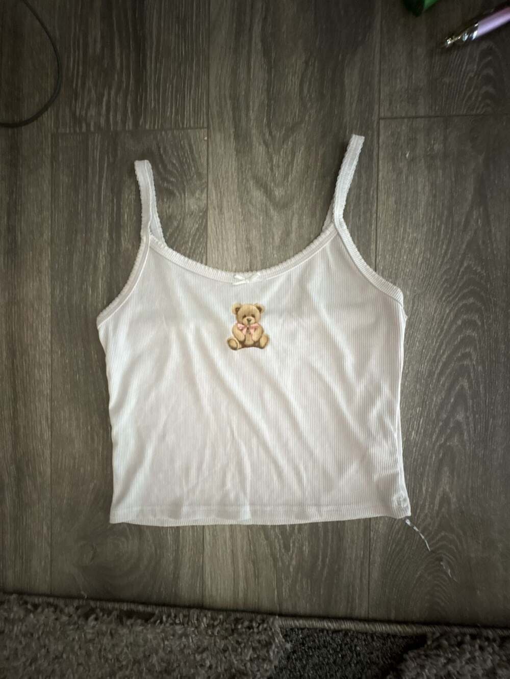Blink White Ribbed Tank Top with Teddy Bear Graphic